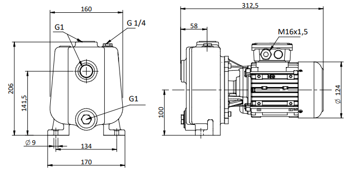 Насосы KEP125 Miksan - чертеж с габаритными размерами